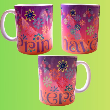 Taza  mug 325ml cerámica premium flores primavera