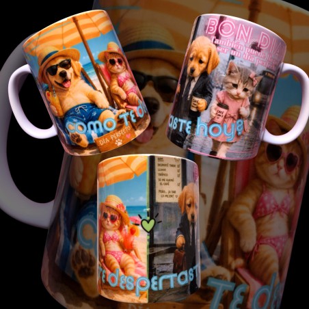 Taza mug bon día con pareja de gatitos