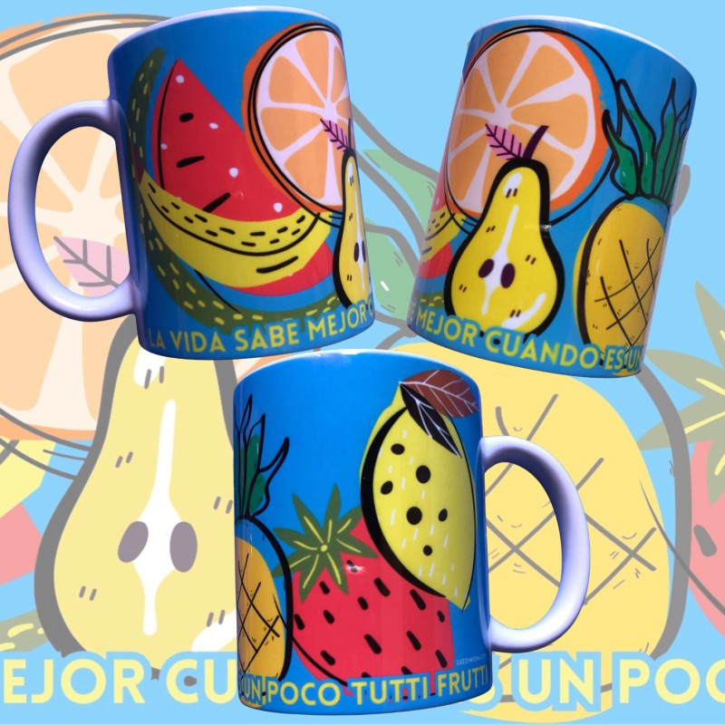 Taza mug con ilustración frutal cerámica premium