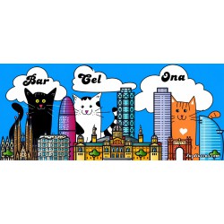 Taza 325 ml de cerámica blanca premium con ilustración de tres gatitos visitando Barcelona.