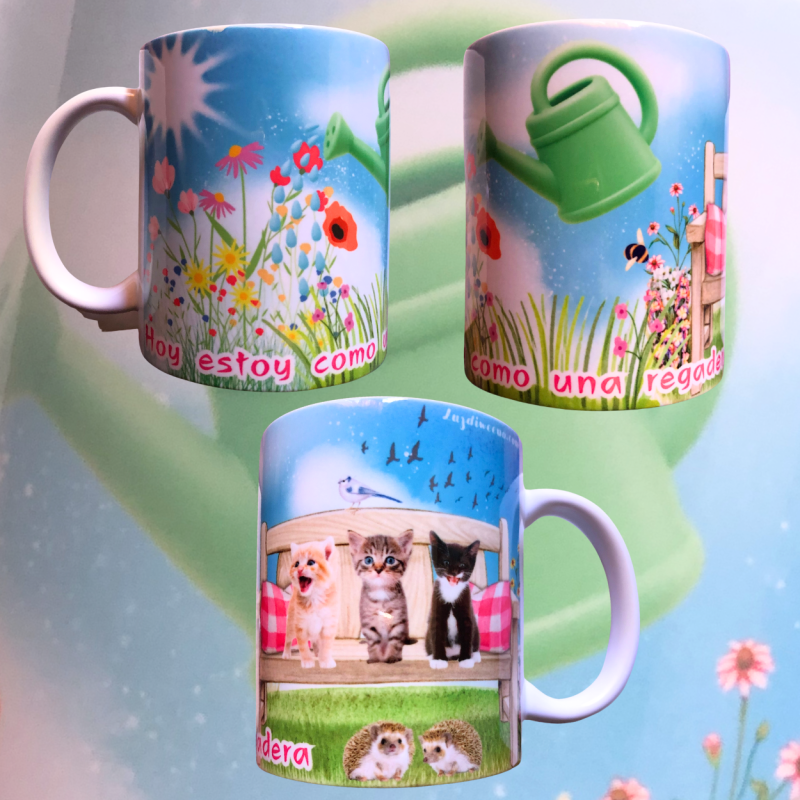 Taza mug 325ml de cerámica blanca premium “hoy estoy como una regadera”