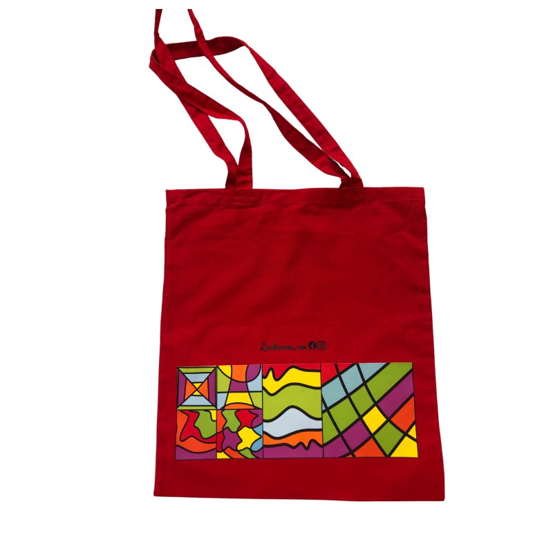 totebag 100% algodón color rojo con ilustración geométricas de colores