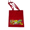 totebag 100% algodón color rojo con ilustración geométricas de colores