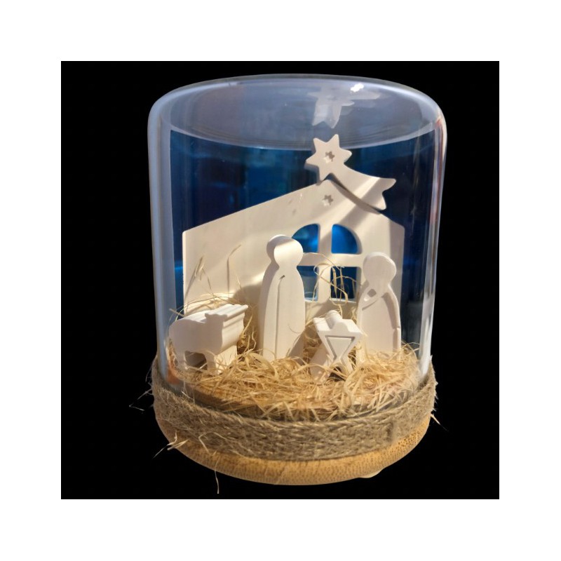 mini belen con luz. hecho a mano. en cúpula de vidrio. decoración navideña