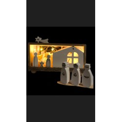 mini belen dentro de cajita de bambú con con luces led y pila incluida.