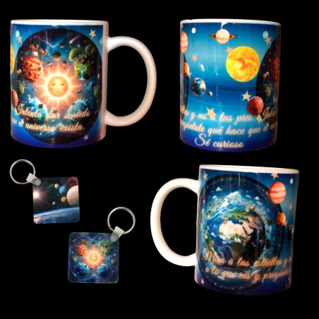pack universo, taza calidad premium y llavero ilustrado por las dos caras